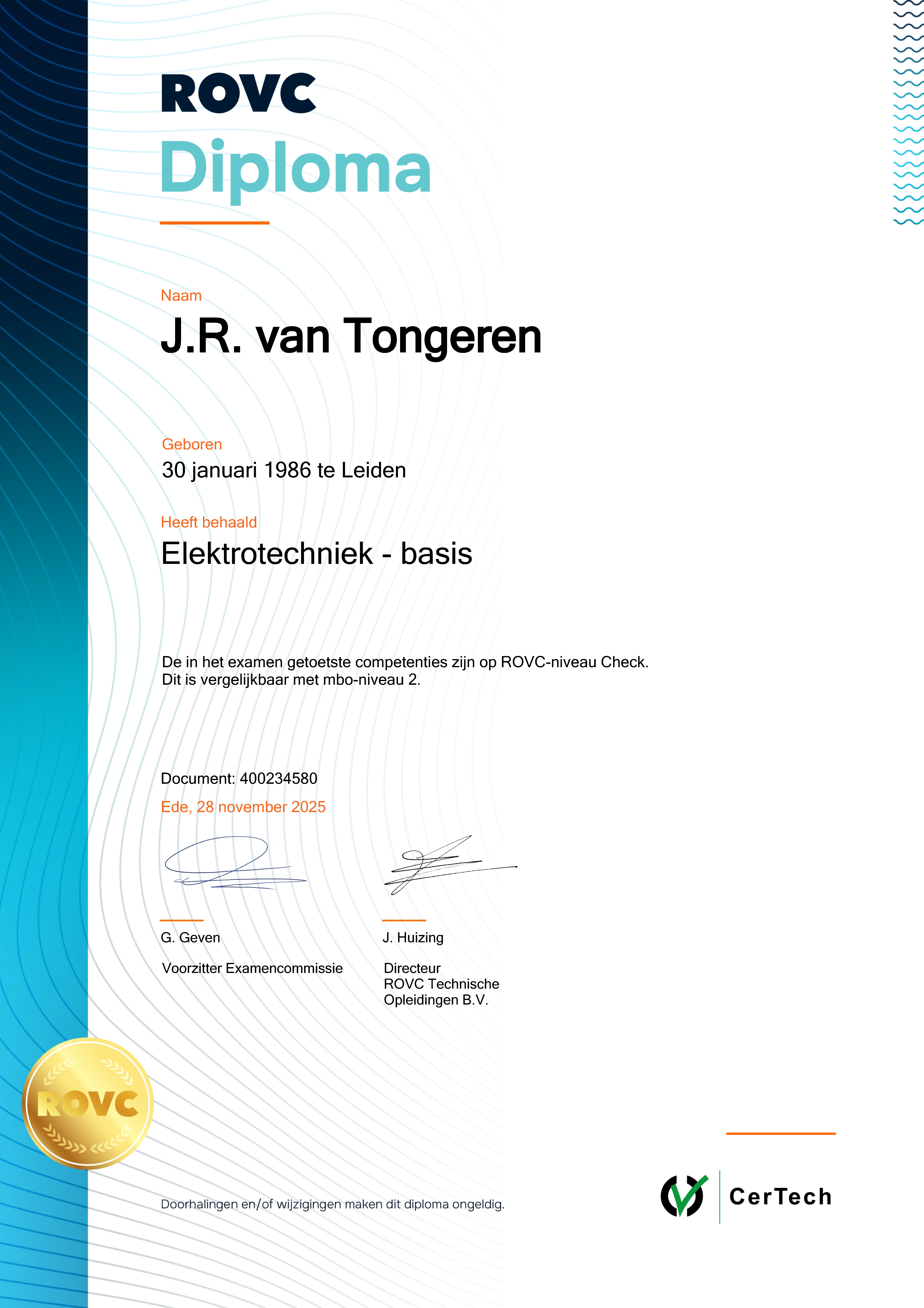Certificaat Elektrotechniek-basis Certificaat Elektrotechniek-basis
